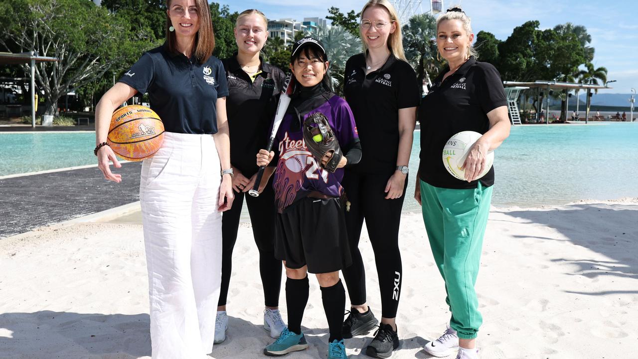 Cairns Mayor Amy Eden will be cheering on netballer Tia Cribb, softball player Yoriko Wallis and netballers Chloe Butler and Sharon Massey-Chase in the Masters Games from May 29 to June 1. Picture: Brendan Radke