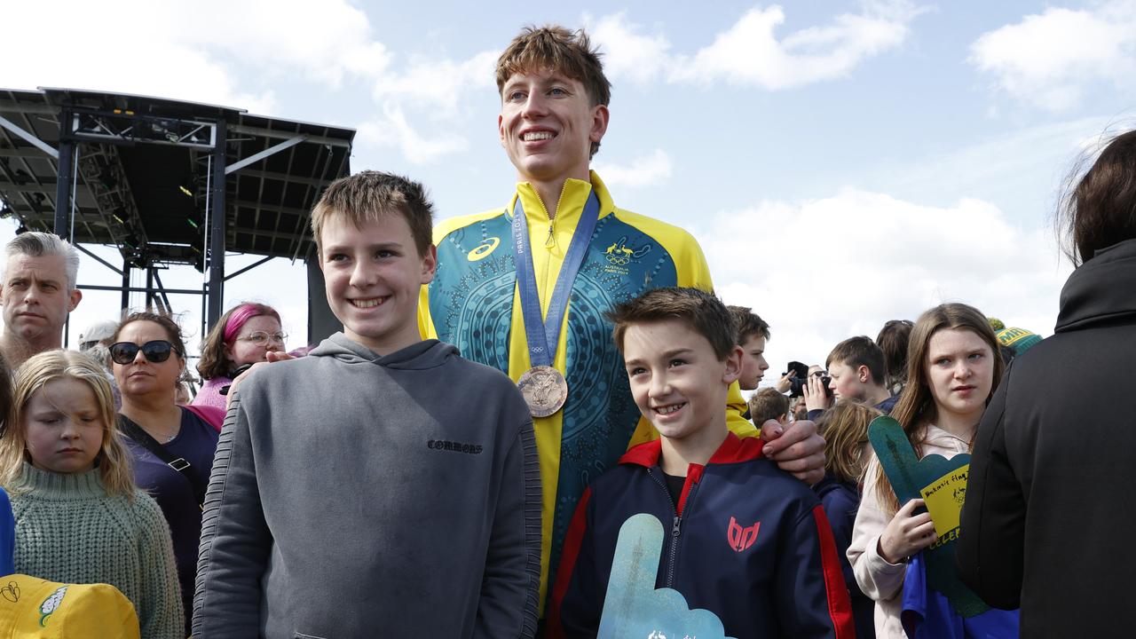 Bronze medallist Max Giuliani with brothers Aiden Smith 11 and Casey Smith 9. Tasmanian Olympians welcome home at Riverbend Park Launceston. Picture: Nikki Davis-Jones