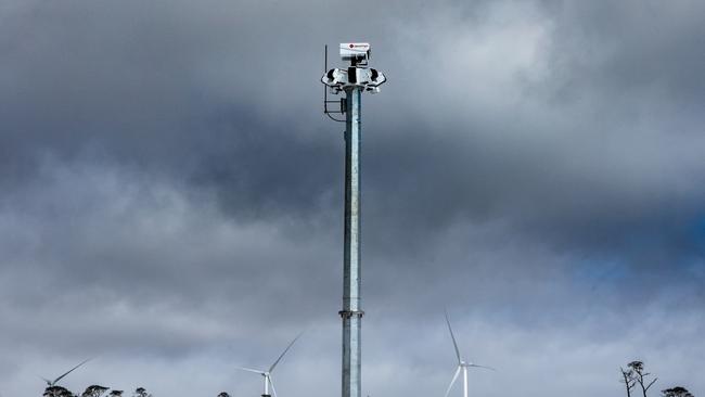 Goldwind Australia has built several projects in Australia, including these towers to detect flying objects at a wind farm in Tasmania. Picture: Goldwin Australia