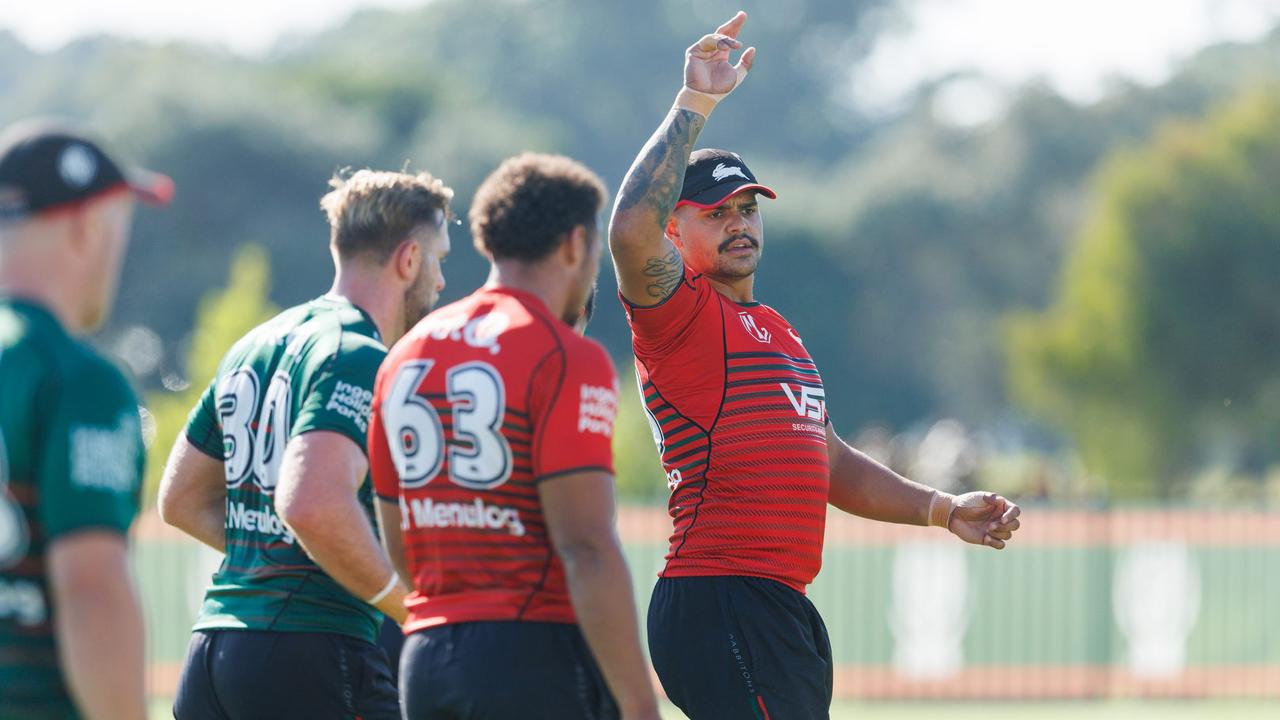 DAILY TELEGRAPH MARCH 10, 2024. South Sydney Rabbitohs training in Sydney today ahead of their game against Brisbane this week. Latrell Mitchell (right). Picture: David Swift