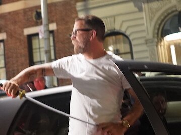 Gavin McInnes, founder of the far-right ‘Proud Boys’ group, brandishes a sword after giving a speech in New York City