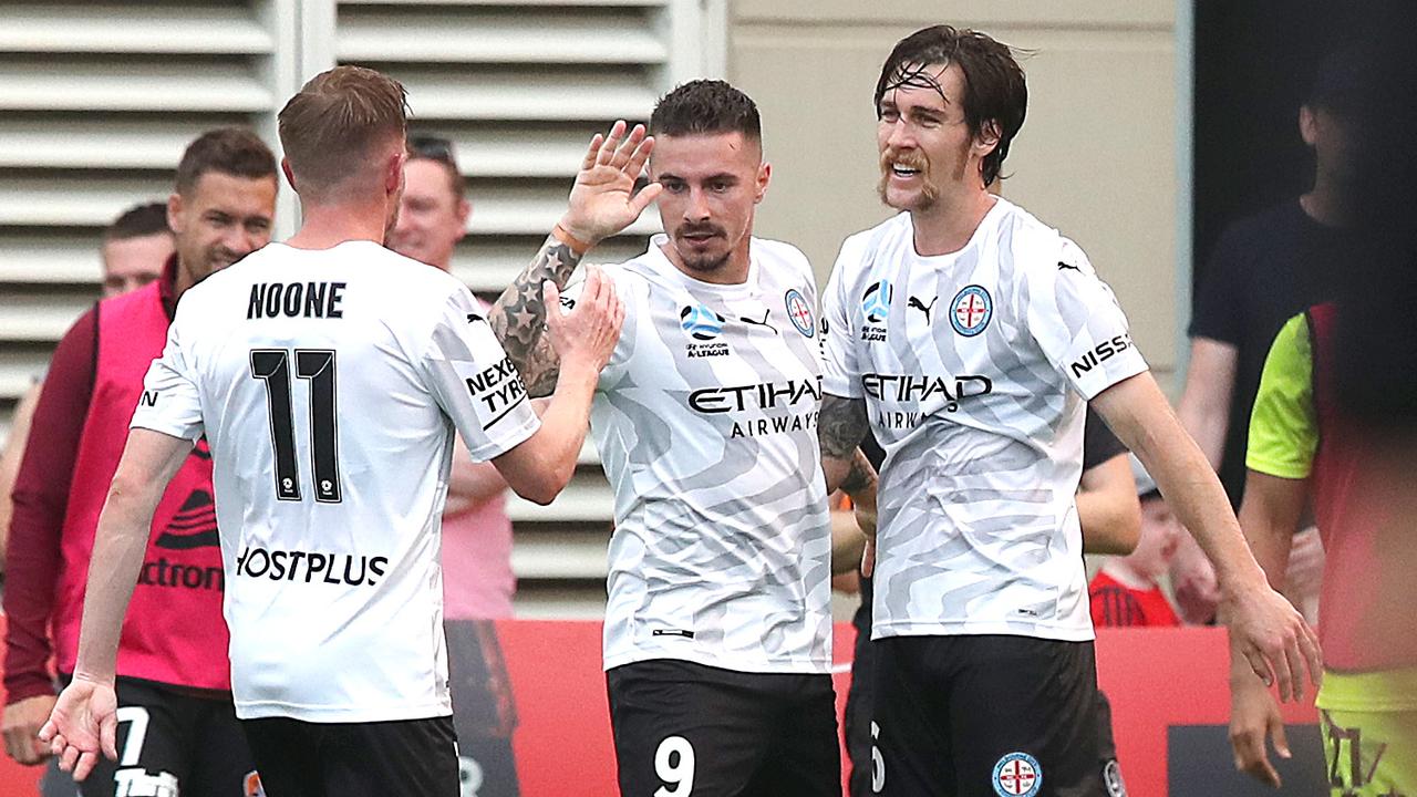 Jamie Maclaren scored a hat-trick but it wasn’t enough for City to hold on in Brisbane.