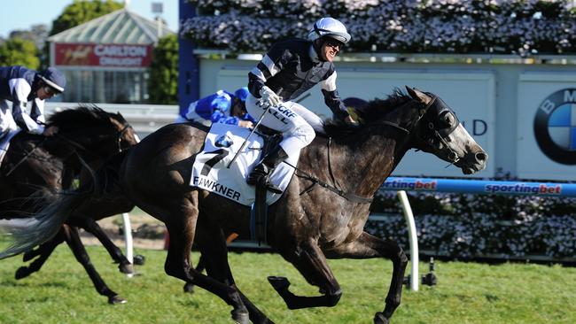 Nicholas Hall victorious aboard Fawkner in the 2013 Caulfield Cup. Picture: AAP Image/Julian Smith