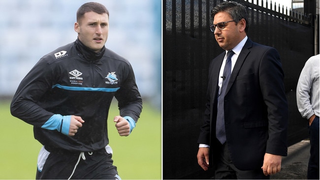 Suspended Cronulla star Bronson Xerri and Sharks CEO Dino Mezzatesta.