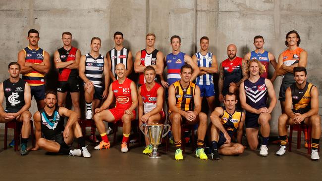 A number of good reasons right here why Melbourne loves footy: this year’s AFL Club Captains group pic at Etihad Stadium (Photo: Michael Willson/AFL Media)