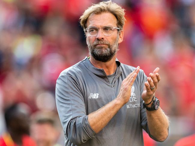 ANN ARBOR, MI - JULY 28: Head coach Jurgen Klopp of Liverpool celebrates after Liverpool defeated Manchester United of the International Champions Cup 2018 at Michigan Stadium on July 28, 2018 in Ann Arbor, Michigan. Liverpool defeated Manchester United 4-1.   Jason Miller/Getty Images/AFP == FOR NEWSPAPERS, INTERNET, TELCOS & TELEVISION USE ONLY ==