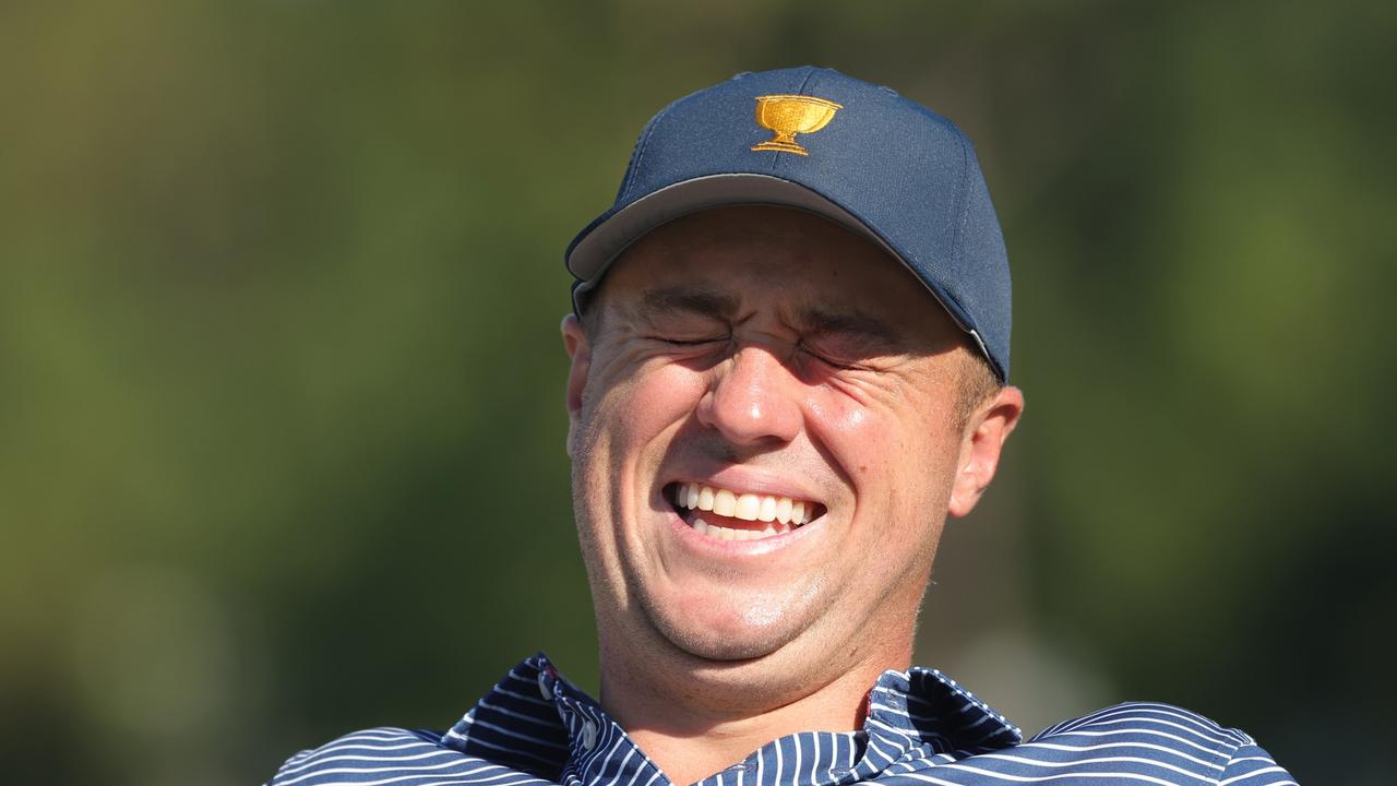 CHARLOTTE, NORTH CAROLINA - SEPTEMBER 21: Justin Thomas of the United States Team laughs as he waits for the team photo prior to the 2022 Presidents Cup at Quail Hollow Country Club on September 21, 2022 in Charlotte, North Carolina. (Photo by Stacy Revere/Getty Images)