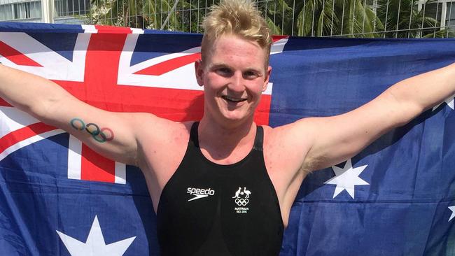 Jarrod Poort celebrates after his gallant Olympic swim. Picture: Todd Balym