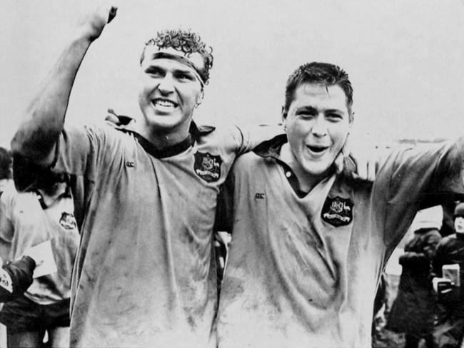 Wallabies Sam Scott-Young and Phil Kearns celebrates after Australia defeated New Zealand All Blacks at Athletic Park in Wellington in 1990.