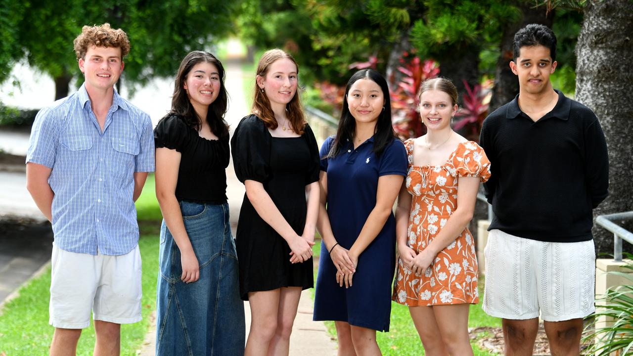 Townsville Grammar students Ted Muller, Naomi Kutash, Alyssa Curtis, Charlotte, To, Freya McManus and Almaz Hira are 6 of 10 students from the school who received an ATAR score of 99+. Picture: Evan Morgan