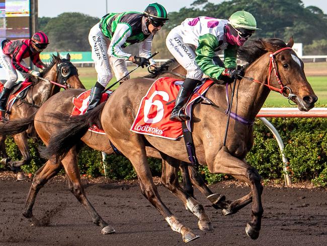 Sanblas wins the 2021 NT Derby for Heather Lehmann. Picture: Caroline Camilleri