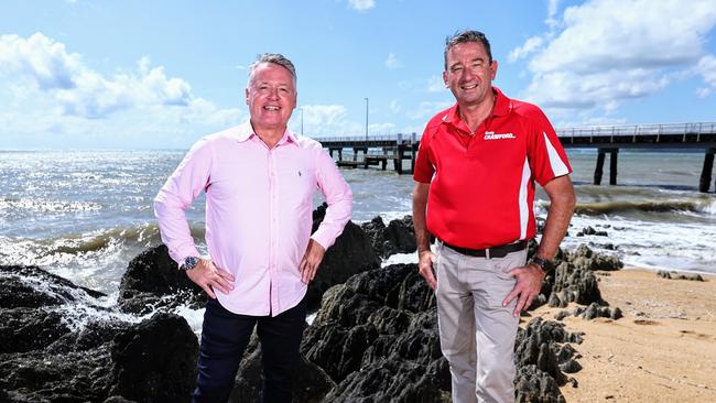 The Queensland Labor Party has committed $11.3 million to upgrade public boating and fishing facilities in Far North Queensland, should they be re elected to government. Member for Cairns Michael Healy and Member for Barron River Craig Crawford inspect the public jetty at Palm Cove, which will receive $1.2 million for breakwater and wave management. Picture: Brendan Radke