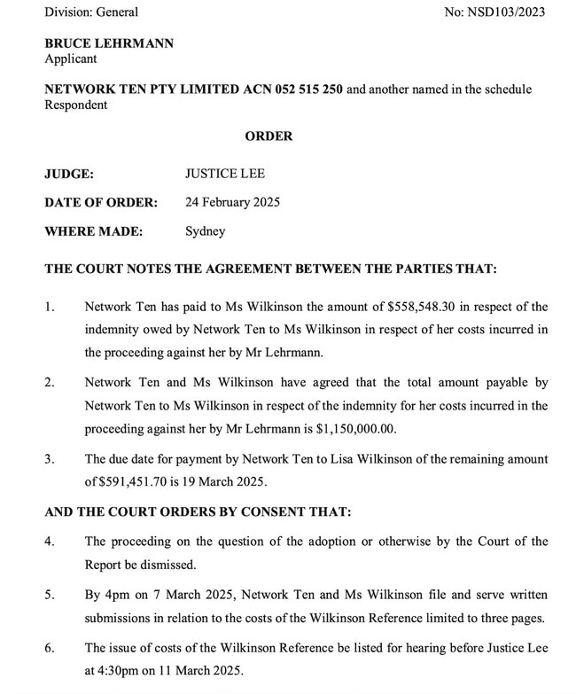 Wilkinson was also awarded legal costs from her successful cross claim against Channel 10 of an estimated $500,000 and remained on full pay since she last appeared on air in late 2022 to late 2024 when her contract ended.