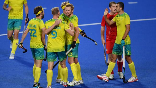 The Kookaburras celebrate Daniel Beale’s goal to put Australia up 3-2 against England. Picture: Getty Images