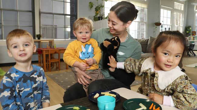 Early childhood teacher Shannyn Block with children Sebastian Matic, 3, Jensen Harris Cumming, 17 months, and Demi Hunt, 3, in Sydney’s Surry Hills. Picture: John Feder/The Australian