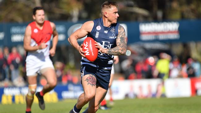 Noarlunga’s Sam Beard in action during the 2019 Southern Football League grand final against Flagstaff Hill. The Shoes will now field an A grade team in 2020 after originally deciding to sit out this year. Picture: AAP/Keryn Stevens