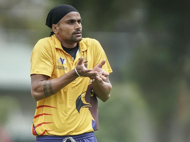 Premier Cricket: Kingston Hawthorn v Essendon. Kingston bowler Harvinder Singh. Picture: Valeriu Campan