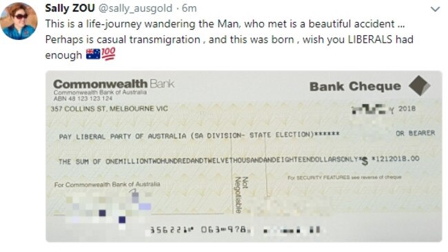 Sally Zou’s tweet about a Liberal donation, which never eventuated. Picture: Twitter @sally_ausgold