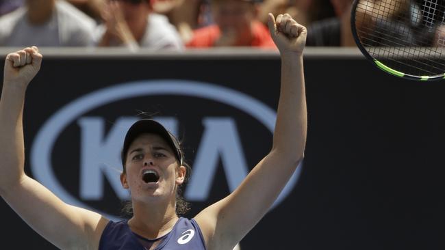 Jennifer Brady celebrates her win over Russia's Elena Vesnina. Picture: AP