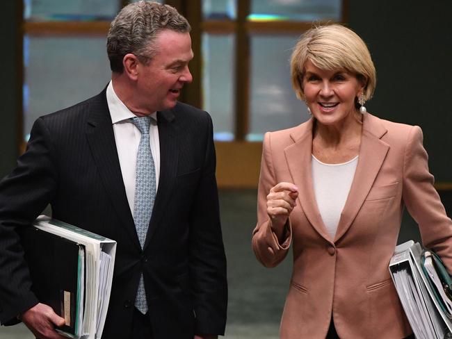 Minister for Defence Industry Christopher Pyne and Minister for Foreign Affairs Julie Bishop during Question Time in the House of Representatives at Parliament House in Canberra, Tuesday, August 21, 2018. (AAP Image/Mick Tsikas) NO ARCHIVING