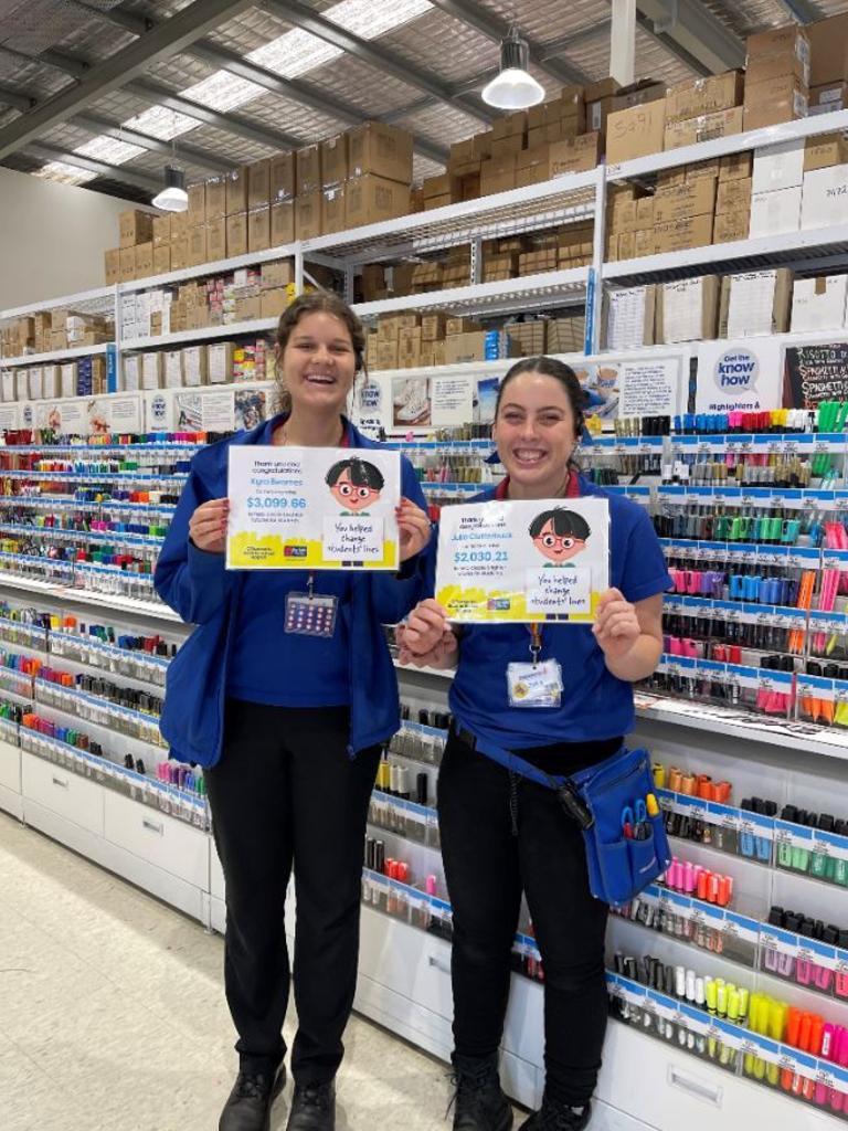 Toowoomba residents have raised an incredible $20,000 for the Smith Family as part of Officeworks annual campaign. Kyra Beams and Julia Clutterbuck.