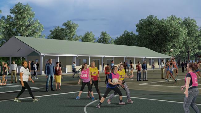 Artist impressions for new netball facilities at Cintra Park in Concord.