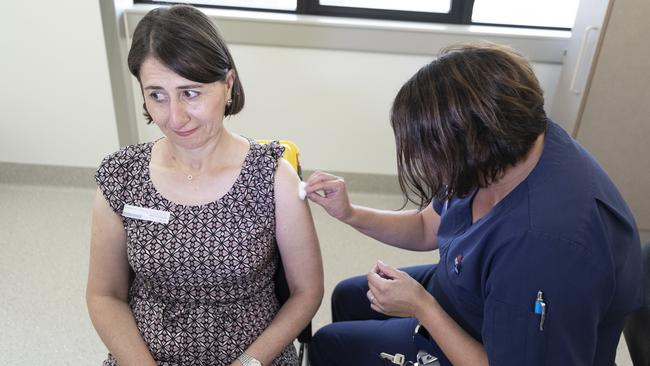 NSW Premier Gladys Berejiklian receives the AstraZeneca vaccine at St George Hospital in Kogarah. Picture: Brook Mitchell/Getty Images