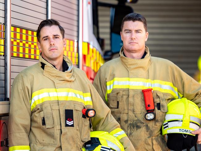 Senior firefighter Mitchell Curran & Senior firefighter Rod Toms pose for a photo at Liverpool Fire Station on Friday, 19 June 2020,(AAP Image / Monique Harmer)