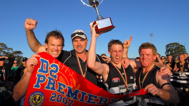 Co-captain Simon Maddern (left) pictured with coach Roger Delaney, Troy Jamieson, Co-captain Alfred Steed after winning the 2007 division two flag for Port District. Picture: Neale Winter