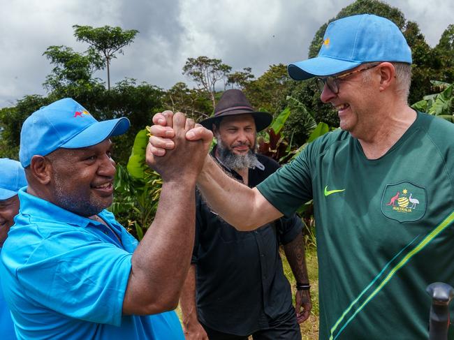 PAPUA NEW GUINEA: Newswire Photos: APRIL 24 2024: Australia's Prime Minister Anthony Albanese and Papua New Guinea Prime Minister James Marape walk along the Kokoda Track at Kokoda Village in Papua New Guinea on April 24, 2024. Prime Minister Anthony Albanese slips over. Picture: NCA NewsWire via the Australian Prime Ministers Office