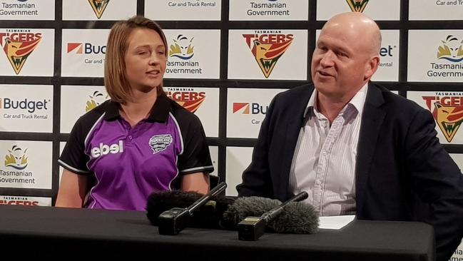 New Roar and Hobart Hurricanes WBBL coach Salliann Briggs with Cricket Tasmania CEO Nick Cummins. Picture: ADAM SMITH