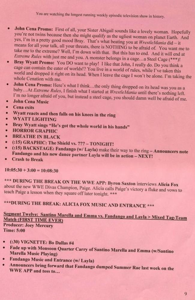 This is what a professional wrestling script looks like from the WWE