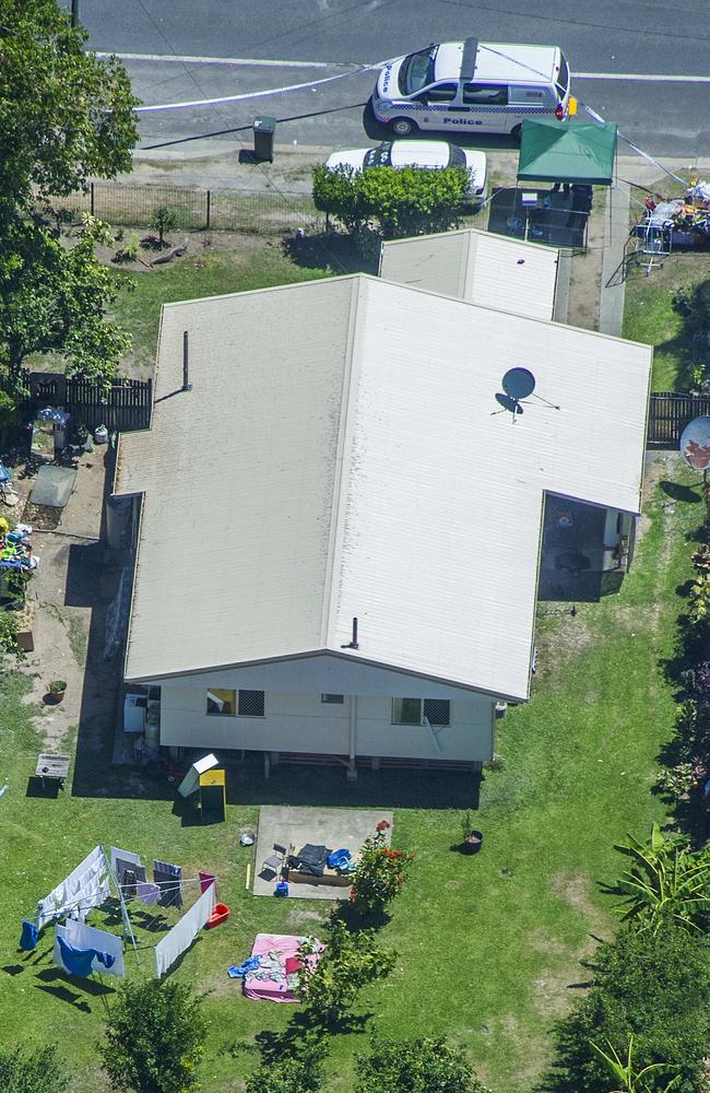 Aerial view of the rear of the Manoora house where eight children died. Bedding can be seen in the back yard. Pic: Brian Cassey
