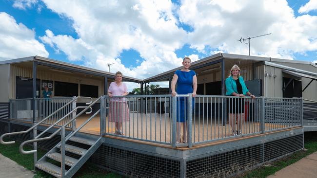 Department of Education chief executive Karen Weston, Deputy Chief Minister Nicole Manison and Infrastructure Minister Eva Lawler at a press conference announcing a stimulus package to build mobile classrooms at a number of NT schools in April. Picture: Glenn Campbell