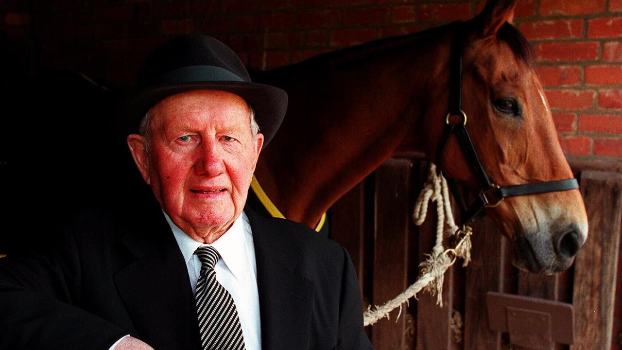 Trainer George Hanlon with former Melbourne Cup winner racehorse Arwon on Victoria Derby day 01/11/97.
  Turf