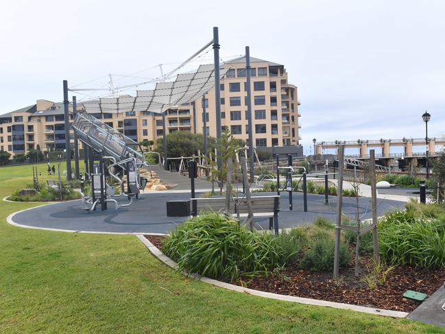 Exercise is allowed under the lockdown but this Glenelg exercise area was totally empty on Thursday afternoon.. Picture: Keryn Stevens