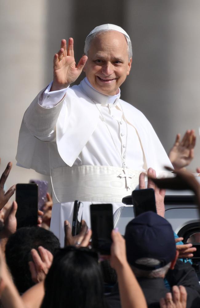 Pope Leo XIV waves to the audience as he arrives. Picture: Getty