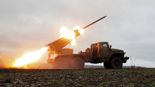 A BM-21 multiple rocket launcher fires towards Russian positions on the front line near Bakhmut, Donetsk region. Picture: AFP