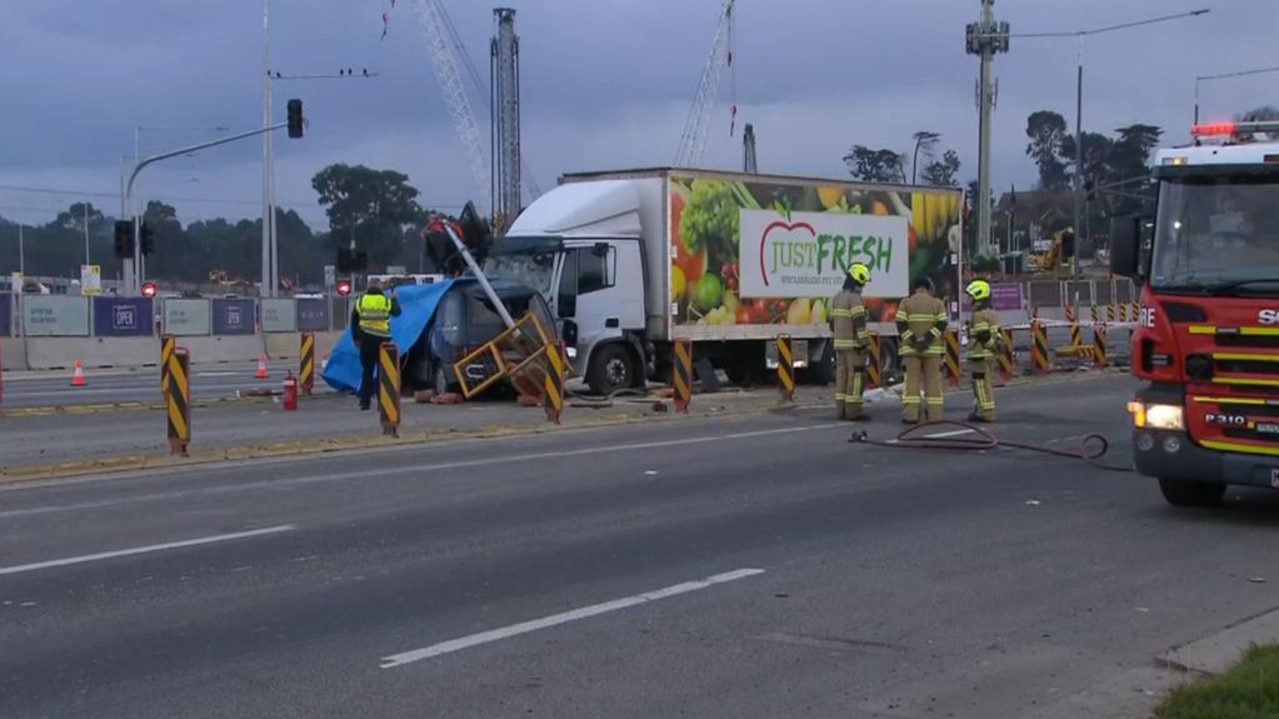 A woman has died after a truck and a van collided in Melbourne. Picture: 7News