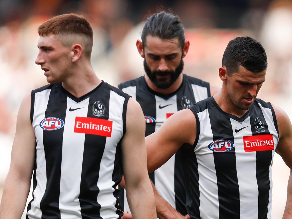 Mark Keane (left) has been linked to a return to his former club Collingwood. Picture: Michael Willson/AFL Photos via Getty Images