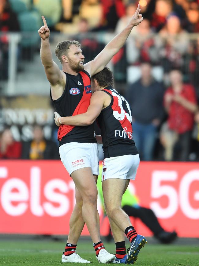 Bomber Jake Stringer celebrates in front of the big Launceston crowd. Picture Getty