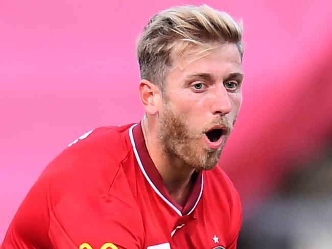 ADELAIDE, AUSTRALIA - FEBRUARY 04:  Stefan Mauk of Adelaide United  reacts to missed pass during the round 13 A-League Men's match between Adelaide United and Sydney FC at Coopers Stadium, on February 04, 2022, in Adelaide, Australia. (Photo by Mark Brake/Getty Images)