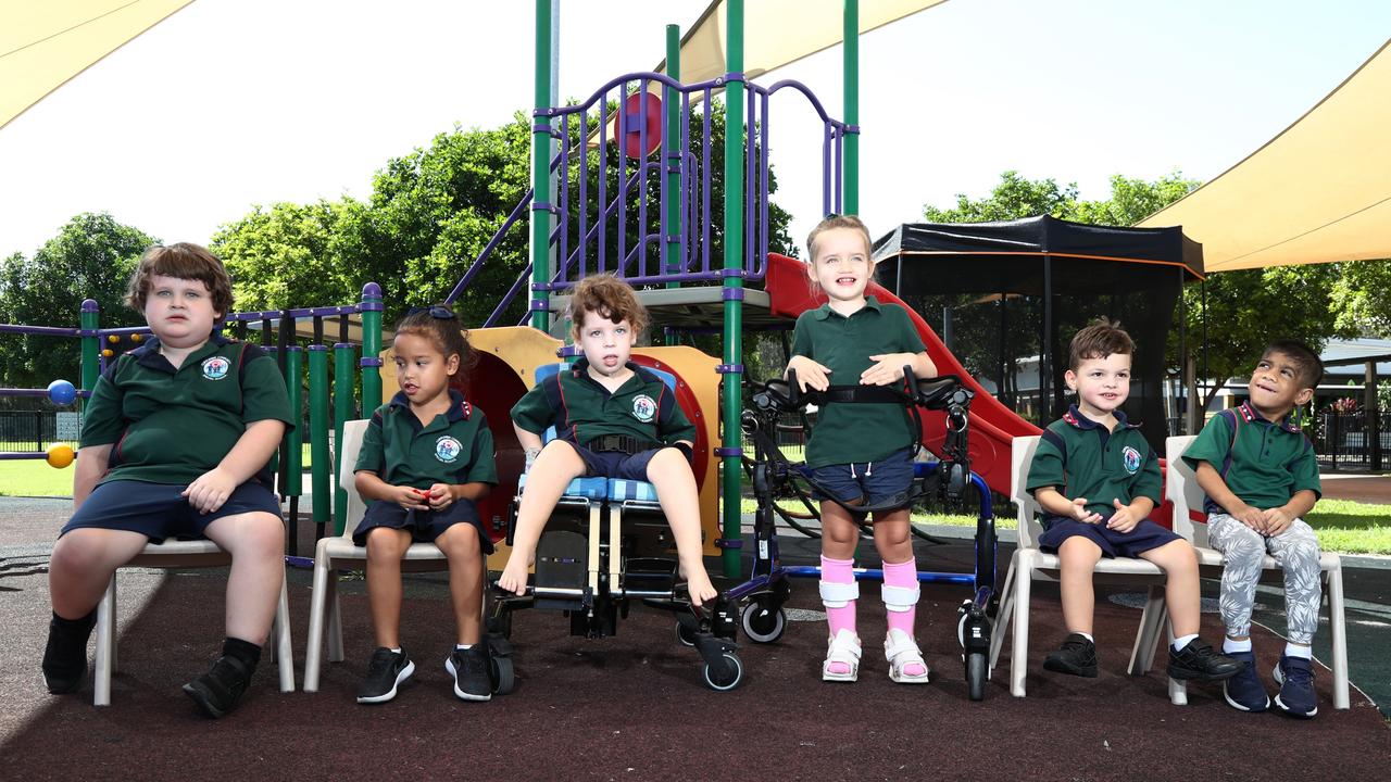 Currumbin Special School. L-R: Jack Francis, Adriana Mackey, Nikolaj Ashdown, Phoebe Giles, Oliver Re’my, Mark Faigame. Photograph: Jason O'Brien.