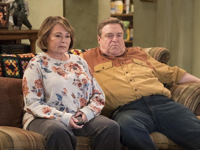 Roseanne Barr with co-star John Goodman in a scene from the reboot of Roseanne. Picture: Adam Rose/ABC via AP