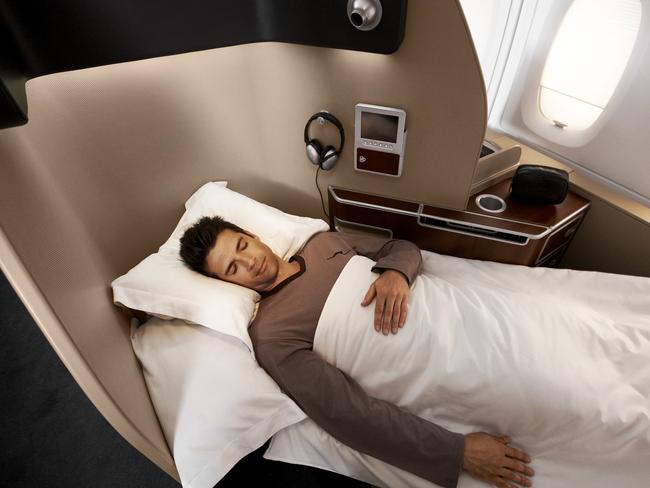 QANTAS FIRST CLASS .. for Mercedes Maguire story .. Sleeping in the Skybed of the First Class pod on board the Qantas A380