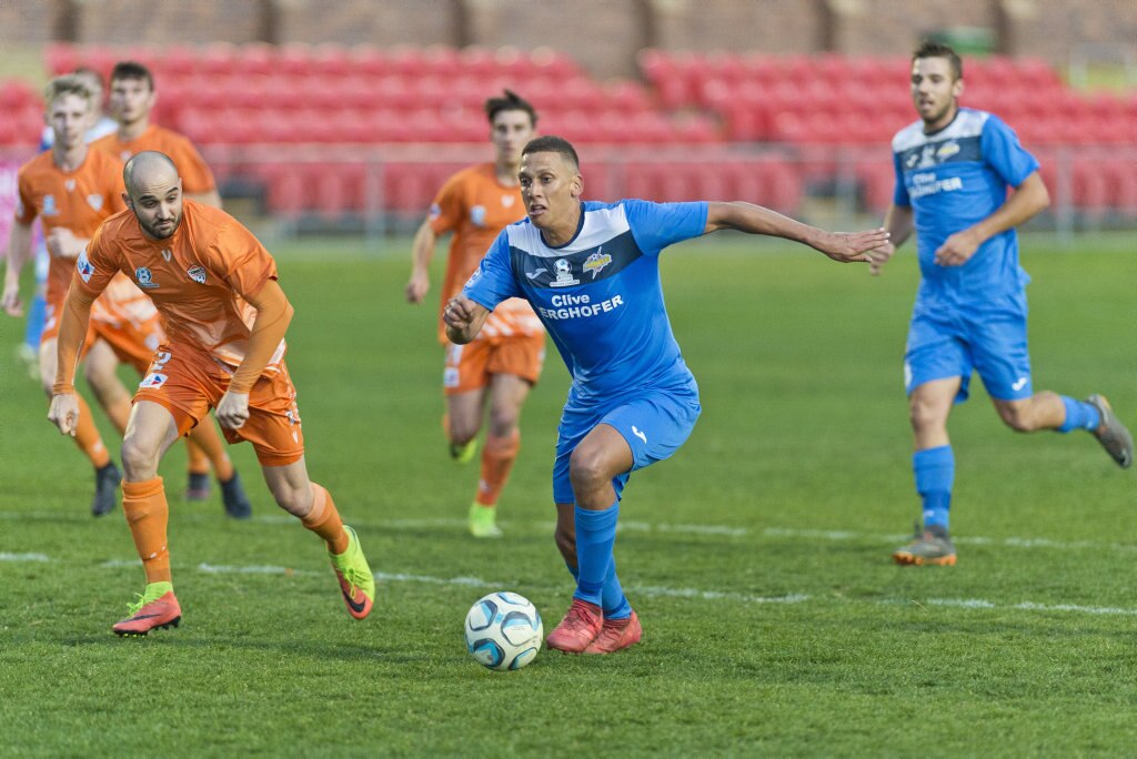 Travis Cooper for South West Queensland Thunder against Cairns FC in NPL Queensland men round 26 football at Clive Berghofer Stadium, Saturday, August 25, 2018. Picture: Kevin Farmer