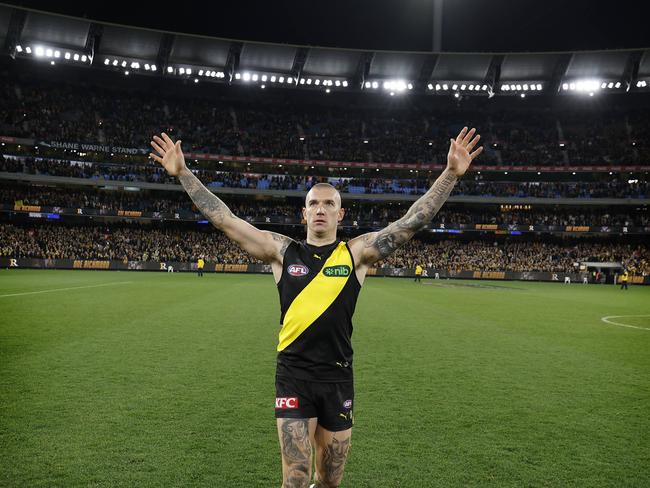 Richmond’s Dustin Martin acknowledges the fans after his 300th game on Saturday. Picture: Michael Klein