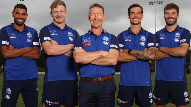 Newly-appointed North Melbourne coach David Noble with Kangaroo leaders Tarryn Thomas, captain Jack Ziebell, Jy Simpkin and Luke McDonald.