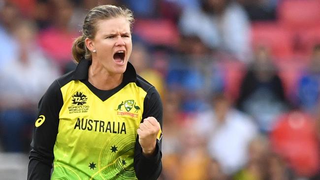 Jess Jonassen celebrates the wicket of Smriti Mandhana of India during the World Cup at the Sydney Showground Stadium. Picture: AAP Image/Dean Lewins