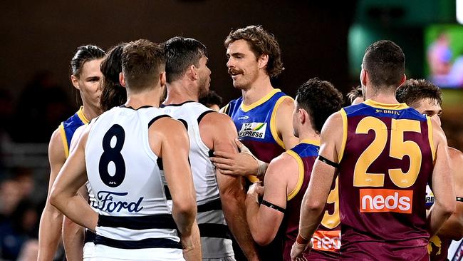 Tom Hawkins goes face-to-face with Joe Daniher. Picture: Getty Images